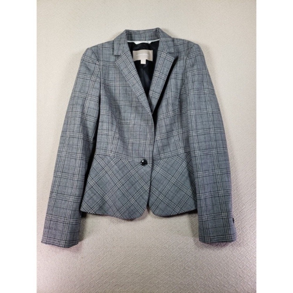 Banana Republic Blazer Womens 4 Gray Plaid Peplum Wool‎ Blend Single Breasted